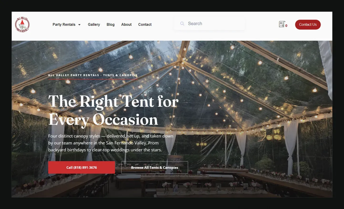 The All Valley Party Rentals tent rentals page: a clear-top tent lit with string lights over long wooden tables, with the headline The Right Tent for Every Occasion and a phone number button.