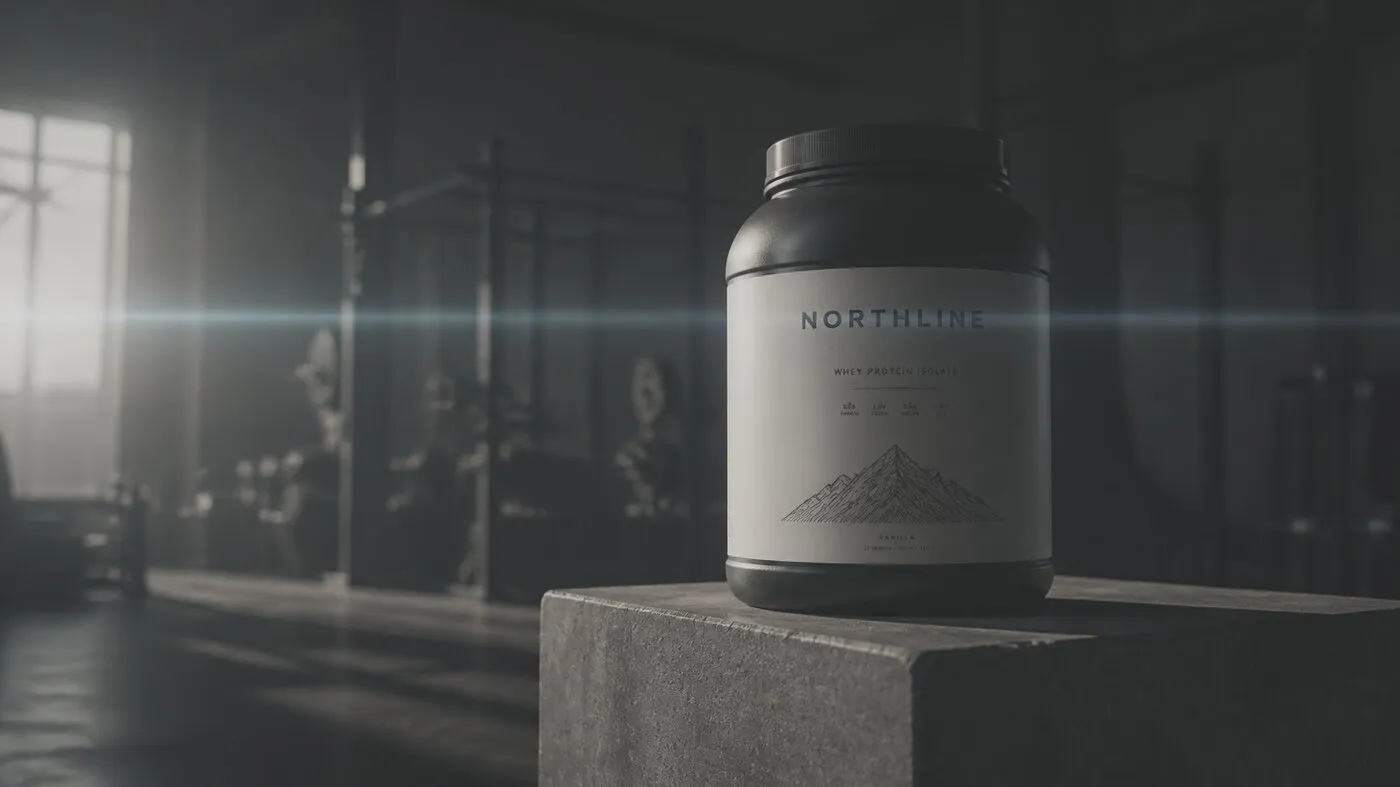 Concept film still of a Northline tub in a dark gym, the same frame, flattened to simulate camera log