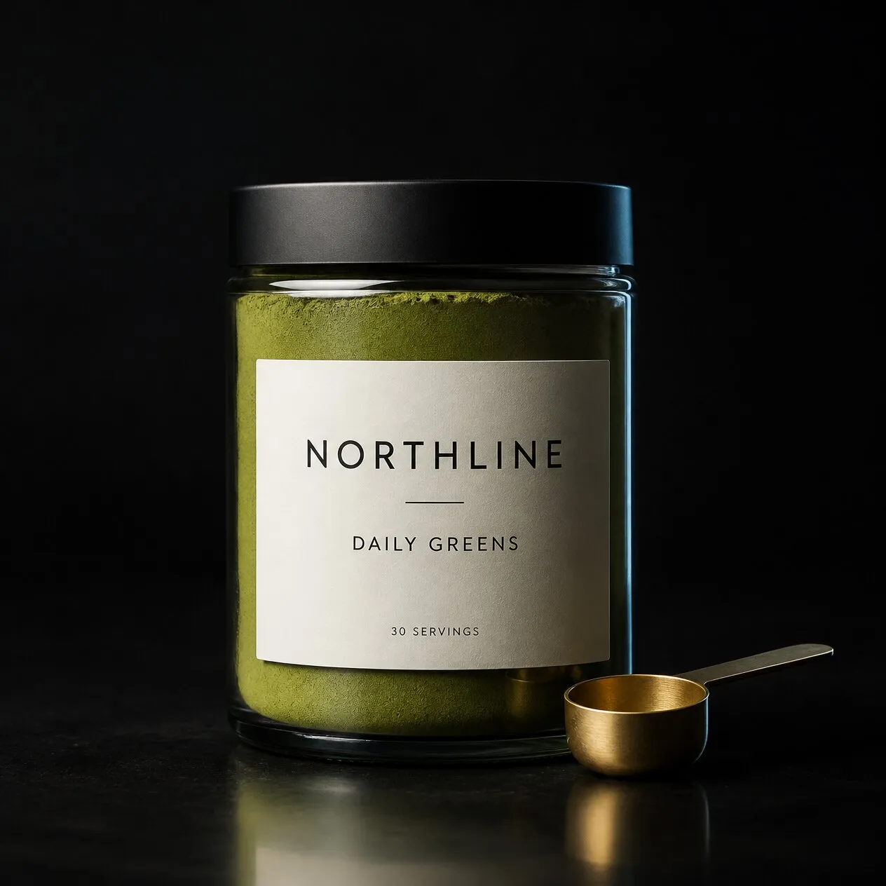 Northline Daily Greens in a glass jar with a brass scoop, concept product