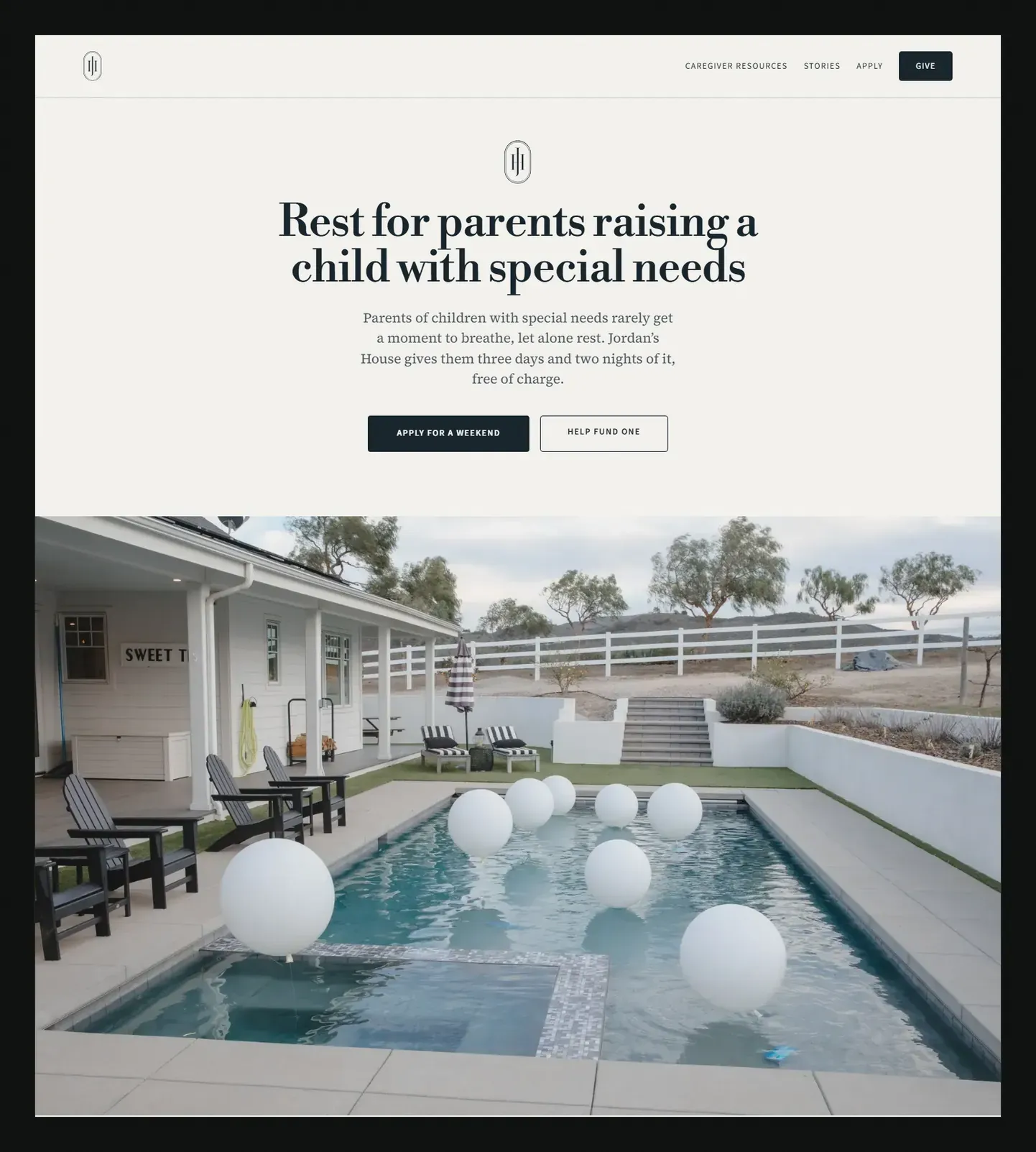 The Jordan's House home page: the headline "Rest for parents raising a child with special needs" above a photo of the house.